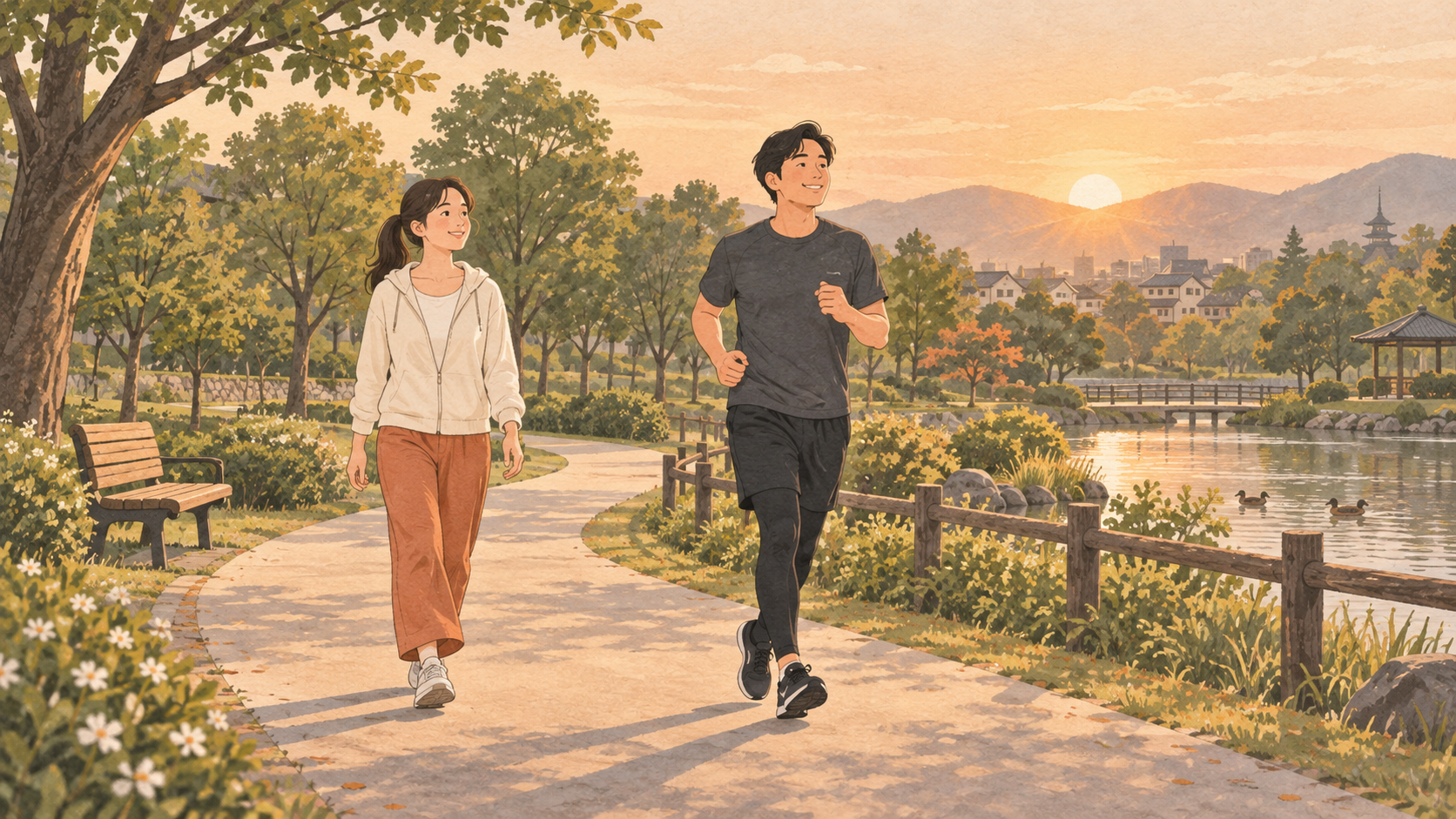 朝の公園で散歩する人と軽くランニングする人のイラスト